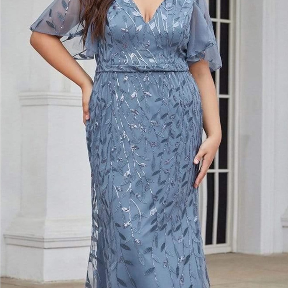 Ever Pretty Blue Maxi Dress with Sheer Sleeves